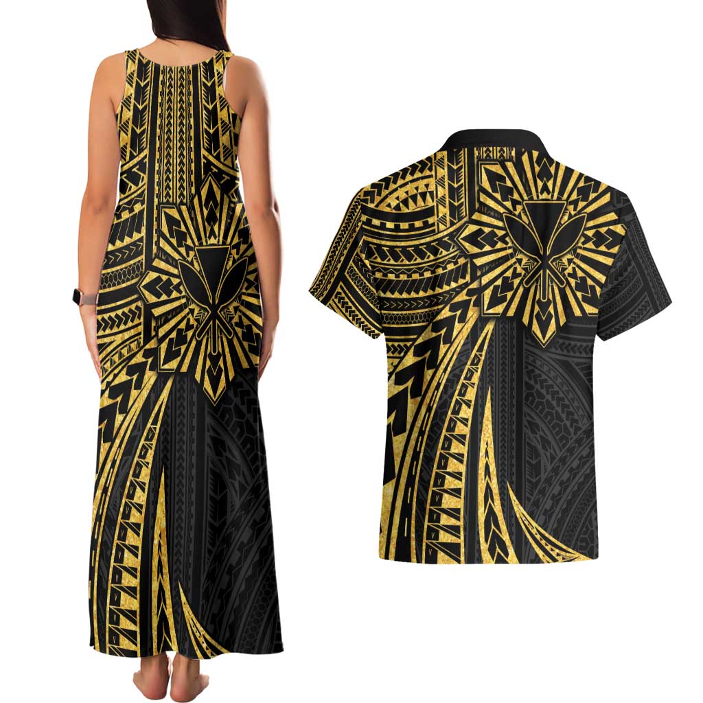Hawaii And Philippines Couples Matching Tank Maxi Dress and Hawaiian Shirt Kanaka Maoli With Tribal Sun Together Gold