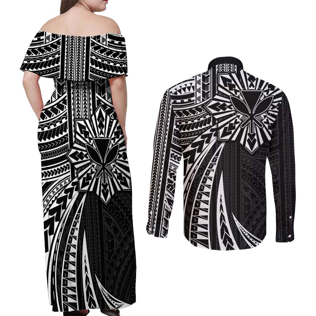 Hawaii And Philippines Couples Matching Off Shoulder Maxi Dress and Long Sleeve Button Shirt Kanaka Maoli With Tribal Sun Together Black