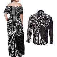 Hawaii And Philippines Couples Matching Off Shoulder Maxi Dress and Long Sleeve Button Shirt Kanaka Maoli With Tribal Sun Together Black