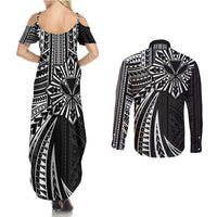 Hawaii And Philippines Couples Matching Summer Maxi Dress and Long Sleeve Button Shirt Kanaka Maoli With Tribal Sun Together Black