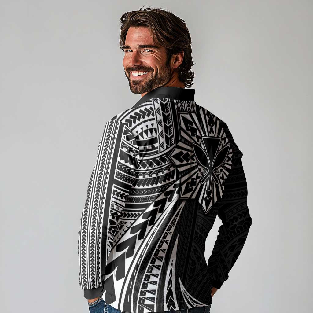 Hawaii And Philippines Long Sleeve Polo Shirt Kanaka Maoli With Tribal Sun Together Black