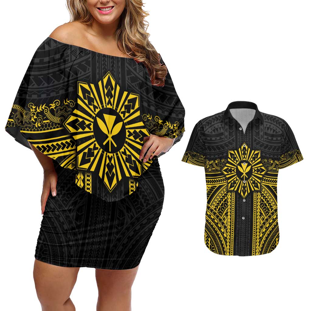 Hawaii And Philippines Together Couples Matching Off Shoulder Short Dress and Hawaiian Shirt Polynesian Pattern With Filipino Barong Gold