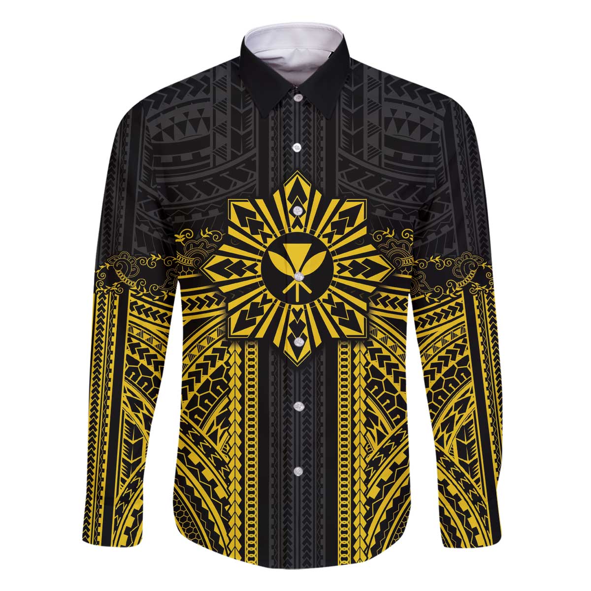 Hawaii And Philippines Together Family Matching Off The Shoulder Long Sleeve Dress and Hawaiian Shirt Polynesian Pattern With Filipino Barong Gold