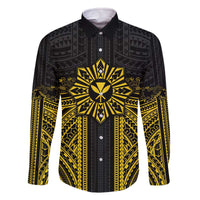 Hawaii And Philippines Together Family Matching Off The Shoulder Long Sleeve Dress and Hawaiian Shirt Polynesian Pattern With Filipino Barong Gold