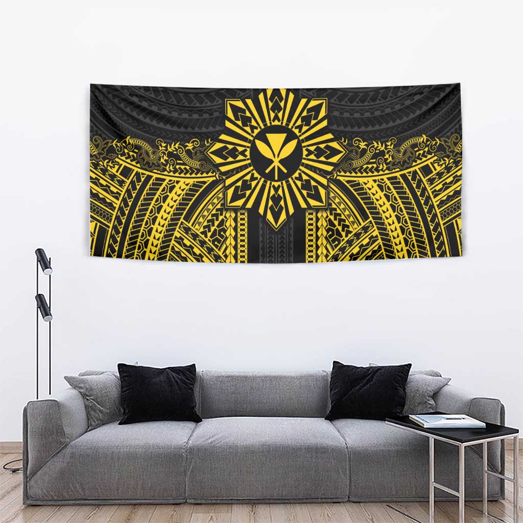 Hawaii And Philippines Together Tapestry Polynesian Pattern With Filipino Barong Gold