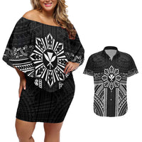 Hawaii And Philippines Together Couples Matching Off Shoulder Short Dress and Hawaiian Shirt Polynesian Pattern With Filipino Barong Black