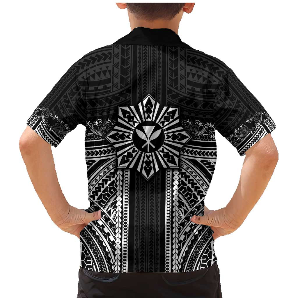 Hawaii And Philippines Together Family Matching Mermaid Dress and Hawaiian Shirt Polynesian Pattern With Filipino Barong Black