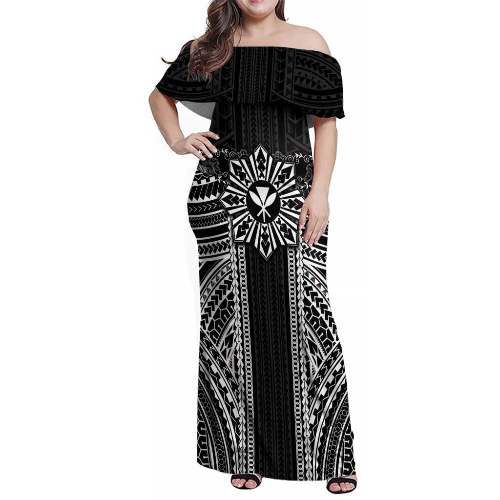 Hawaii And Philippines Together Family Matching Off Shoulder Maxi Dress and Hawaiian Shirt Polynesian Pattern With Filipino Barong Black