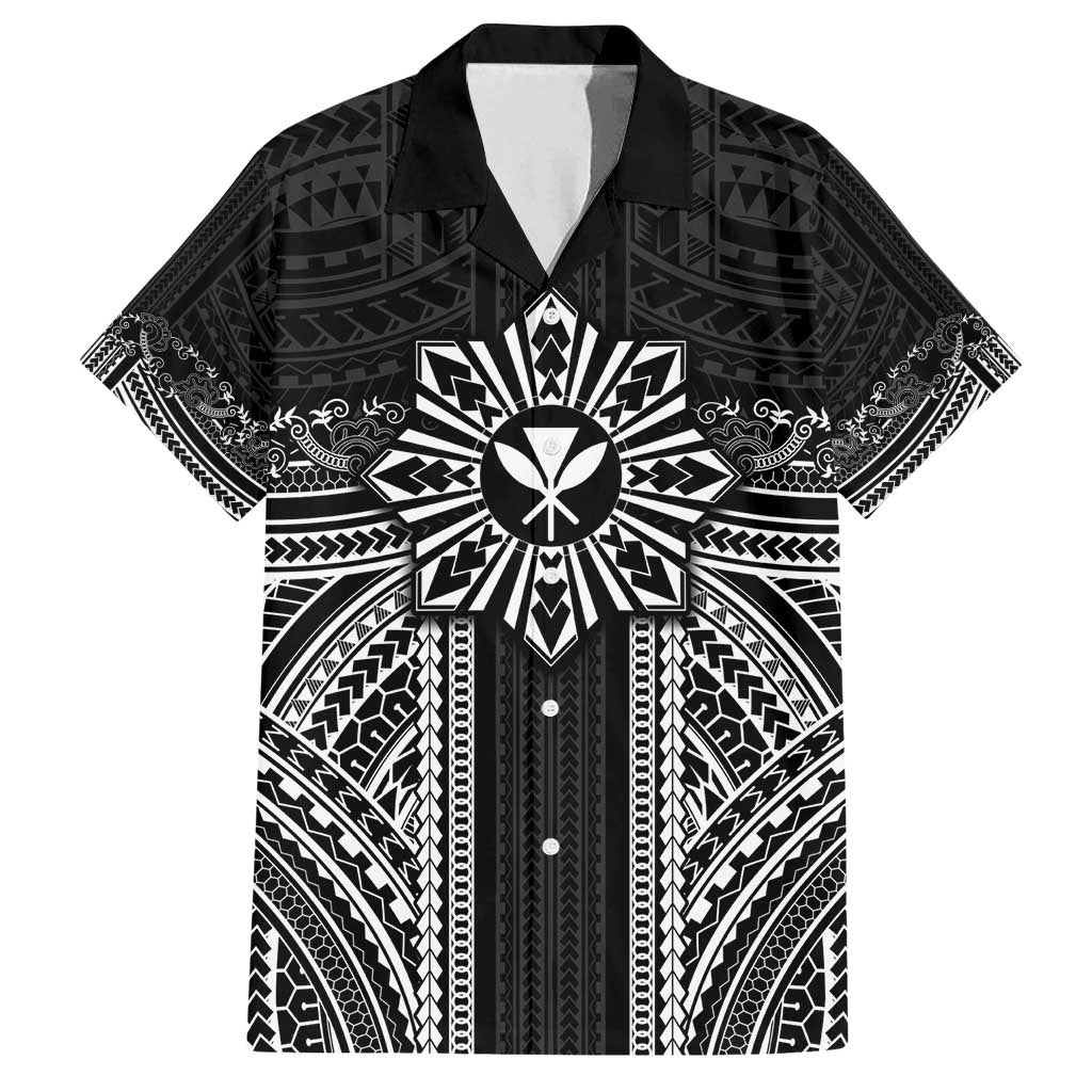 Hawaii And Philippines Together Family Matching Off Shoulder Short Dress and Hawaiian Shirt Polynesian Pattern With Filipino Barong Black