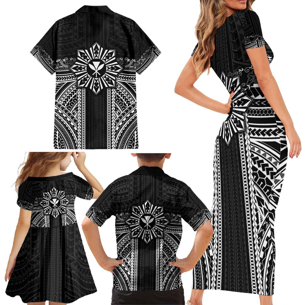 Hawaii And Philippines Together Family Matching Short Sleeve Bodycon Dress and Hawaiian Shirt Polynesian Pattern With Filipino Barong Black