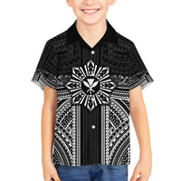 Hawaii And Philippines Together Family Matching Tank Maxi Dress and Hawaiian Shirt Polynesian Pattern With Filipino Barong Black