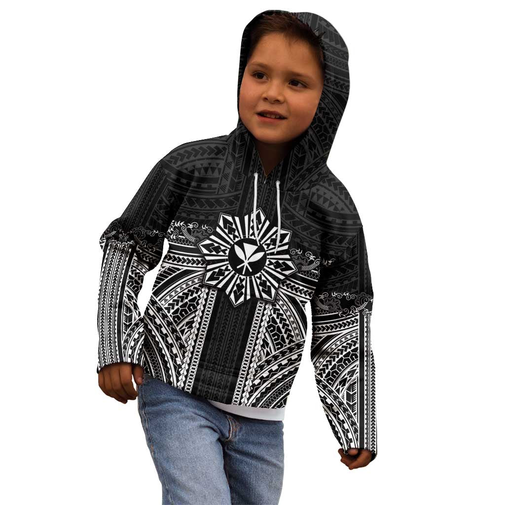 Hawaii And Philippines Together Kid Hoodie Polynesian Pattern With Filipino Barong Black