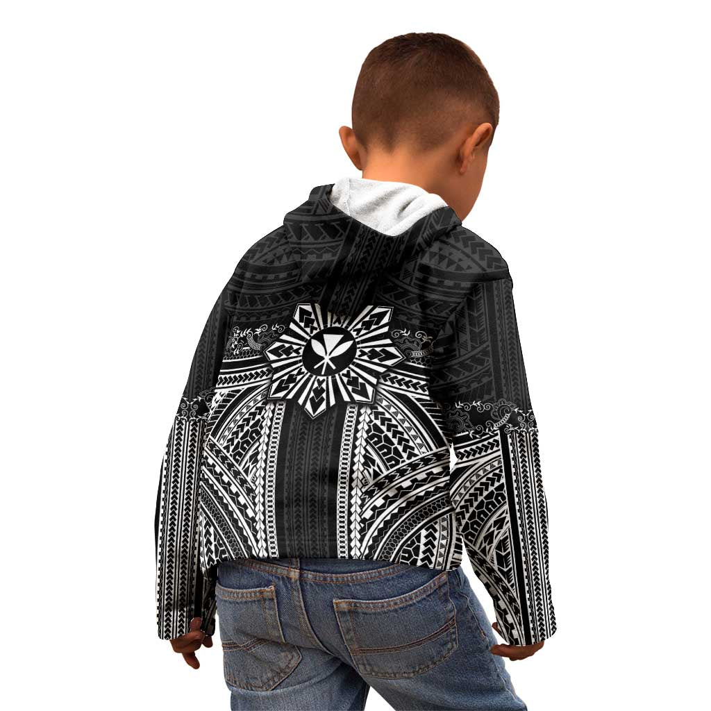 Hawaii And Philippines Together Kid Hoodie Polynesian Pattern With Filipino Barong Black