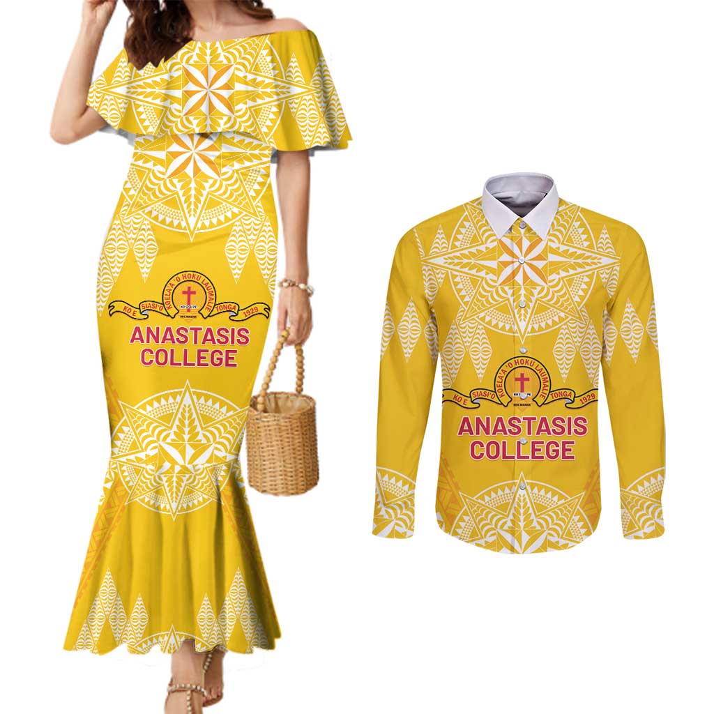 Personalised Anastasis College Couples Matching Mermaid Dress and Long Sleeve Button Shirt Tonga Ngatu Pattern LT05 Yellow - Polynesian Pride