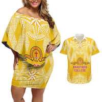 Personalised Anastasis College Couples Matching Off Shoulder Short Dress and Hawaiian Shirt Tonga Ngatu Pattern - Polynesian Pride
