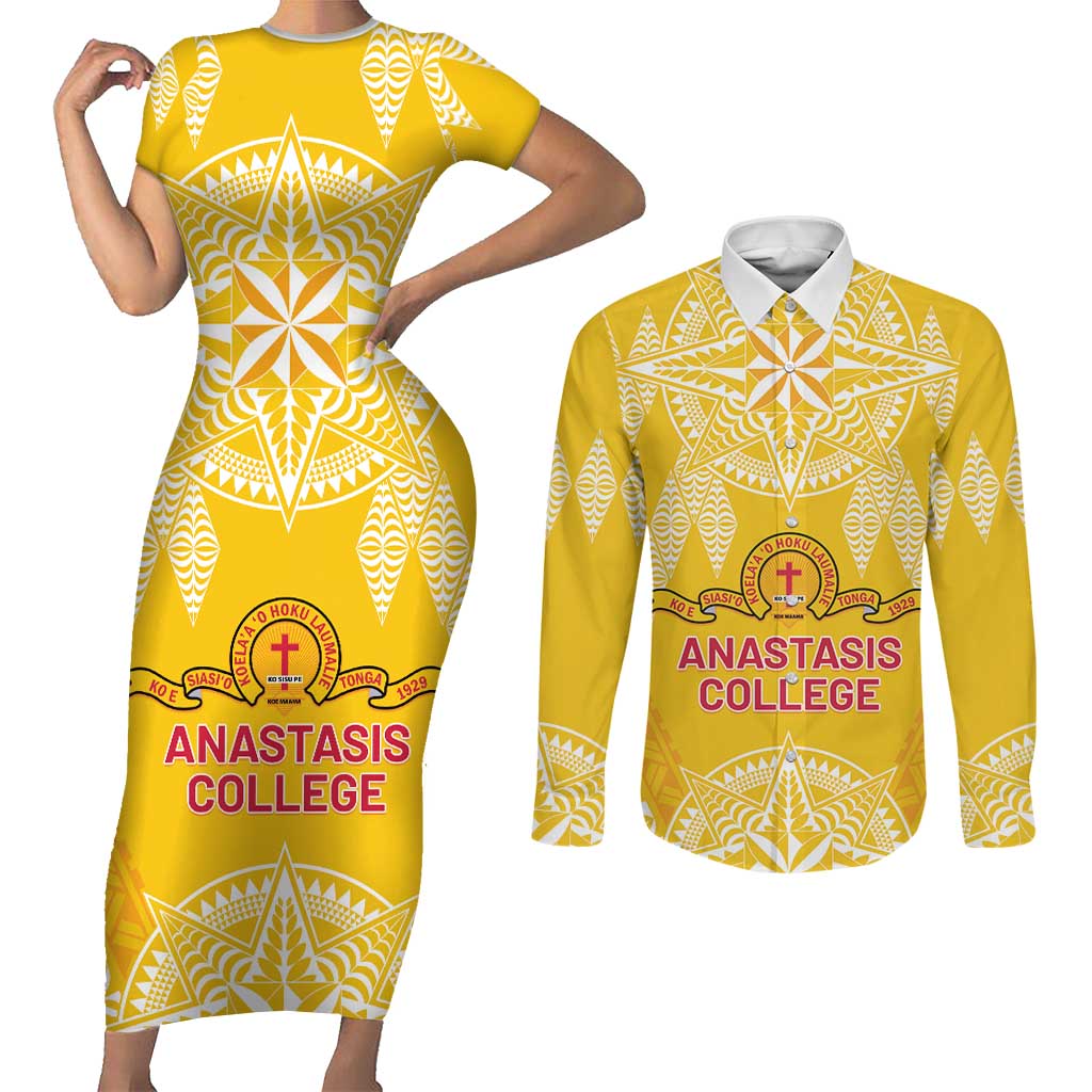 Personalised Anastasis College Couples Matching Short Sleeve Bodycon Dress and Long Sleeve Button Shirt Tonga Ngatu Pattern - Polynesian Pride