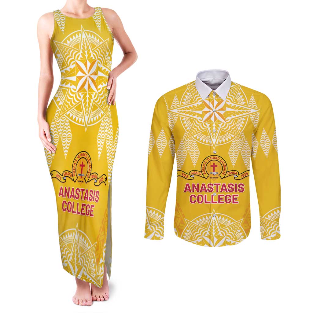 Personalised Anastasis College Couples Matching Tank Maxi Dress and Long Sleeve Button Shirt Tonga Ngatu Pattern LT05 Yellow - Polynesian Pride