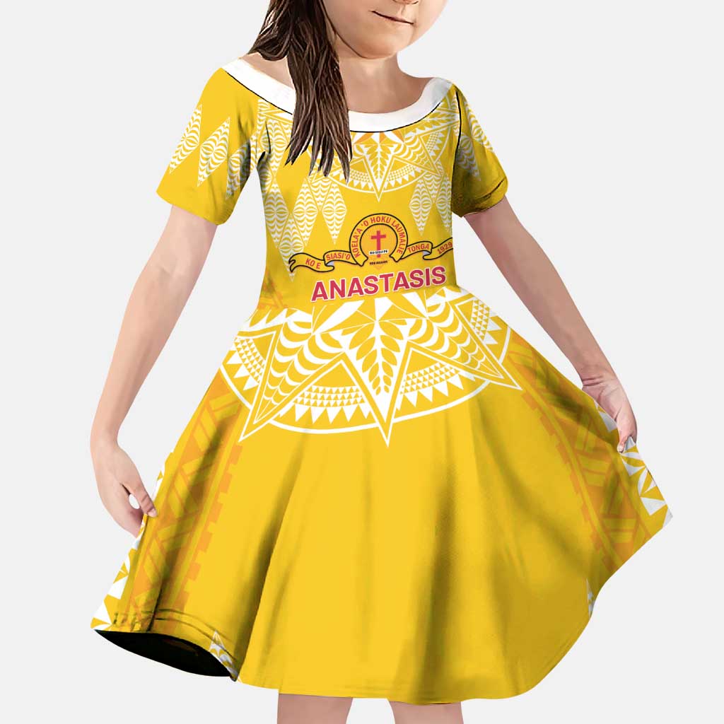 Personalised Anastasis College Family Matching Long Sleeve Bodycon Dress and Hawaiian Shirt Tonga Ngatu Pattern LT05 Daughter's Dress Yellow - Polynesian Pride