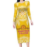Personalised Anastasis College Family Matching Long Sleeve Bodycon Dress and Hawaiian Shirt Tonga Ngatu Pattern LT05 Mom's Dress Yellow - Polynesian Pride