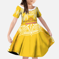 Personalised Anastasis College Family Matching Off The Shoulder Long Sleeve Dress and Hawaiian Shirt Tonga Ngatu Pattern LT05 Daughter's Dress Yellow - Polynesian Pride