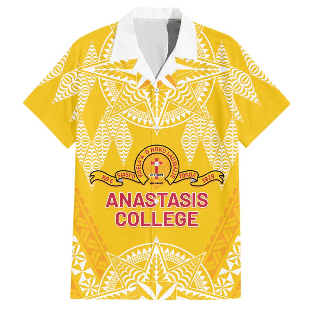 Personalised Anastasis College Family Matching Off The Shoulder Long Sleeve Dress and Hawaiian Shirt Tonga Ngatu Pattern LT05 Dad's Shirt - Short Sleeve Yellow - Polynesian Pride
