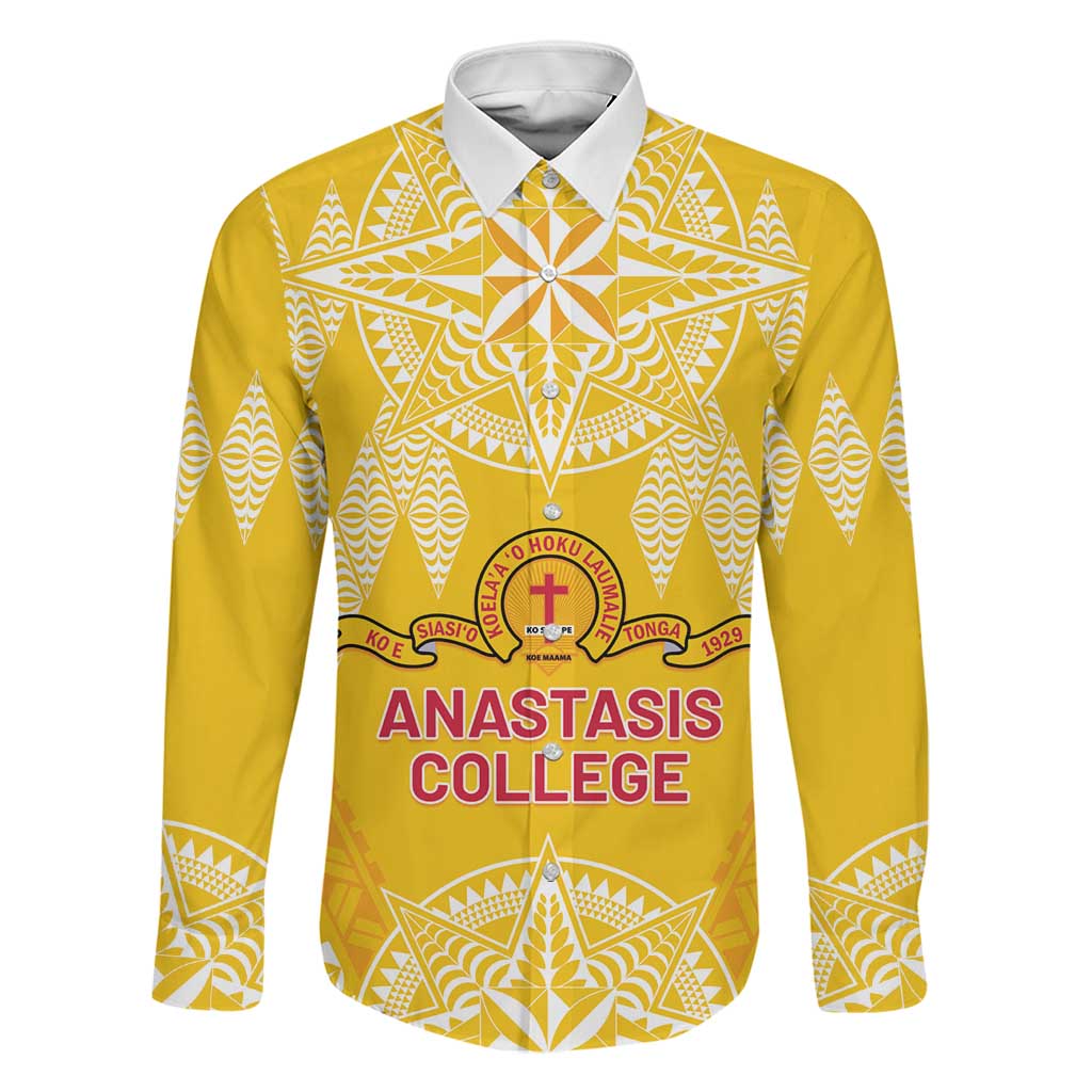 Personalised Anastasis College Family Matching Off The Shoulder Long Sleeve Dress and Hawaiian Shirt Tonga Ngatu Pattern LT05 Dad's Shirt - Long Sleeve Yellow - Polynesian Pride