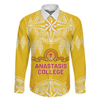 Personalised Anastasis College Family Matching Off The Shoulder Long Sleeve Dress and Hawaiian Shirt Tonga Ngatu Pattern LT05 Dad's Shirt - Long Sleeve Yellow - Polynesian Pride