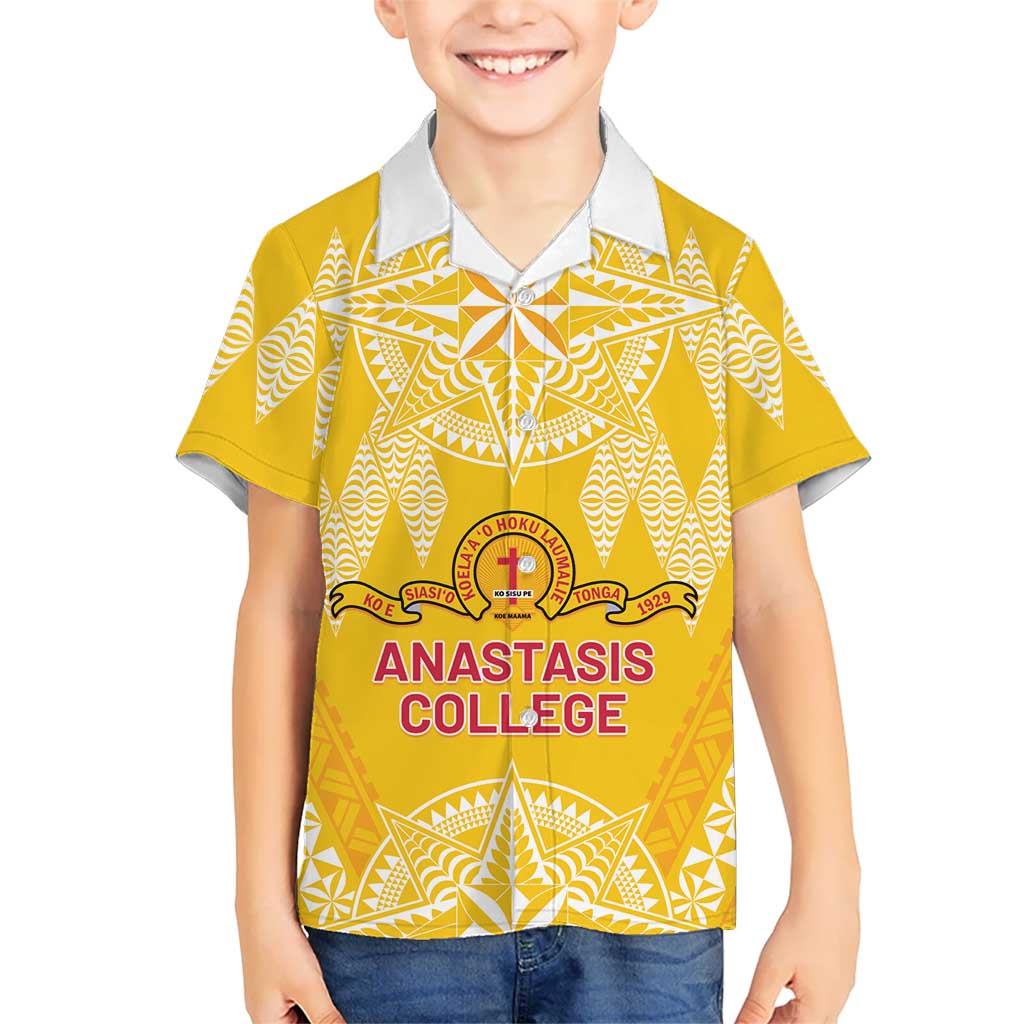 Personalised Anastasis College Family Matching Off The Shoulder Long Sleeve Dress and Hawaiian Shirt Tonga Ngatu Pattern LT05 Son's Shirt Yellow - Polynesian Pride