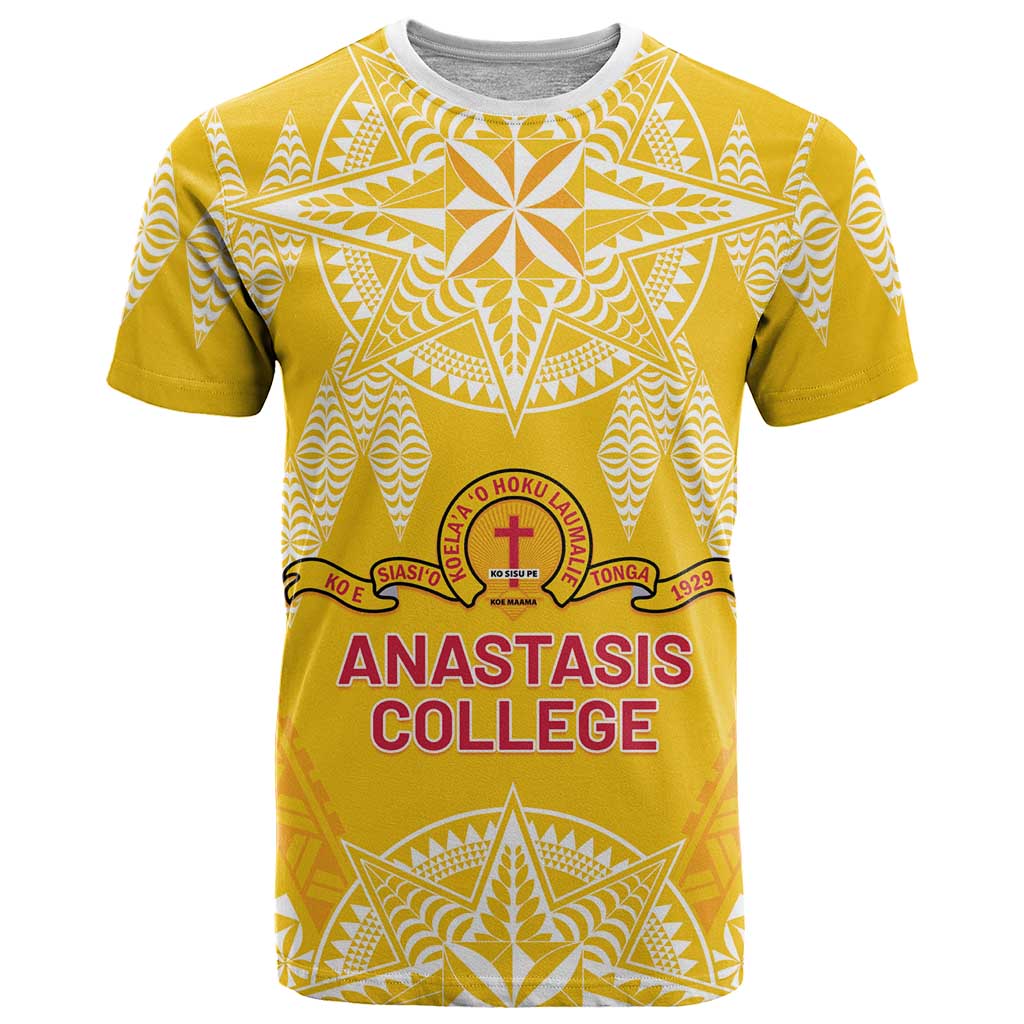 Personalised Anastasis College T Shirt Tonga Ngatu Pattern LT05 Yellow - Polynesian Pride
