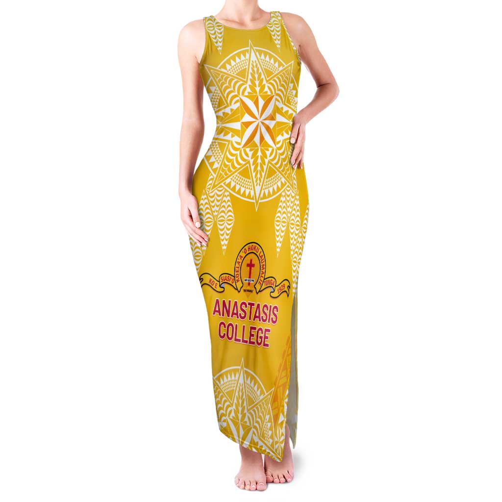 Personalised Anastasis College Tank Maxi Dress Tonga Ngatu Pattern LT05 Women Yellow - Polynesian Pride