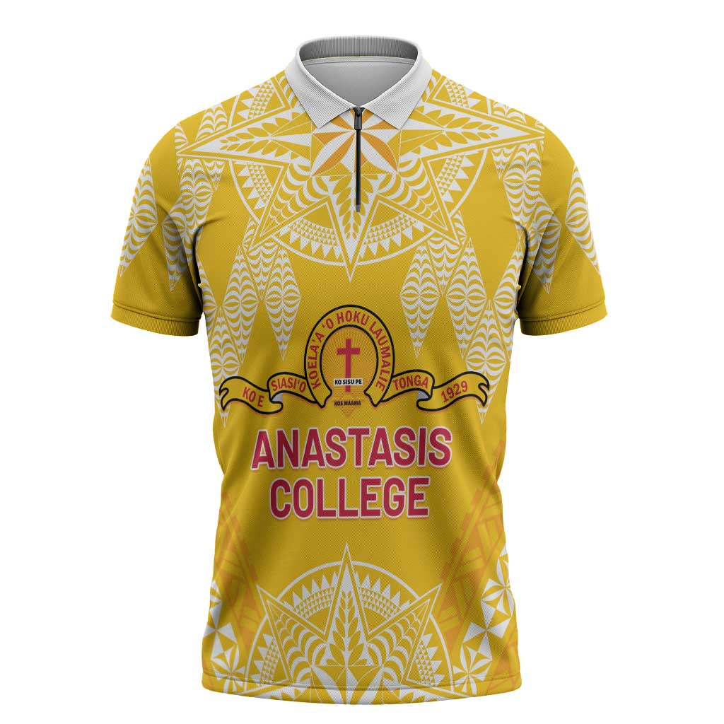Personalised Anastasis College Zipper Polo Shirt Tonga Ngatu Pattern LT05 Yellow - Polynesian Pride