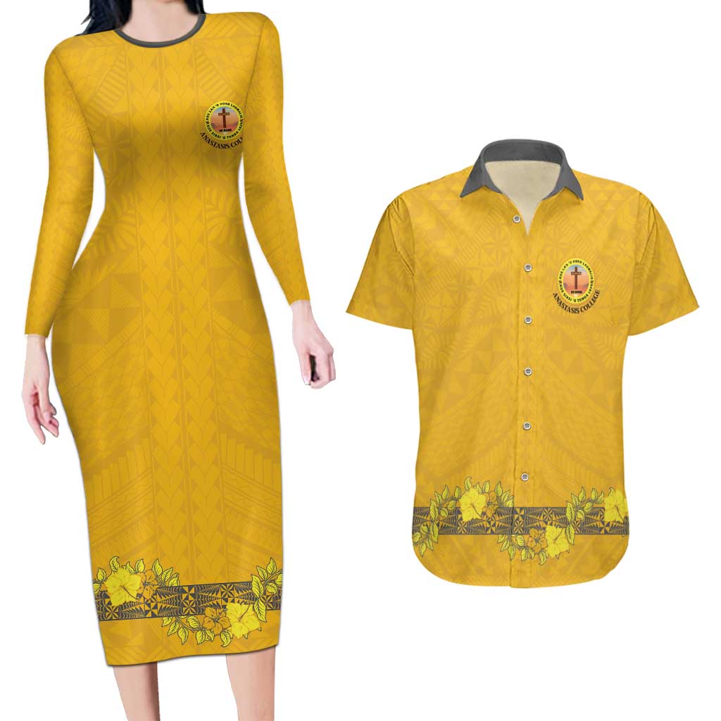 Tonga Anastasis College Couples Matching Long Sleeve Bodycon Dress and Hawaiian Shirt Tongan Ngatu Kupesi Pattern LT05 Yellow - Polynesian Pride