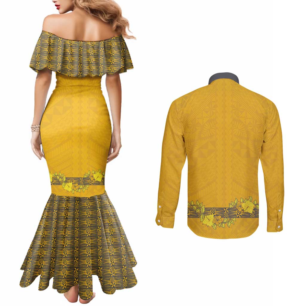 Tonga Anastasis College Couples Matching Mermaid Dress and Long Sleeve Button Shirt Tongan Ngatu Kupesi Pattern - Polynesian Pride