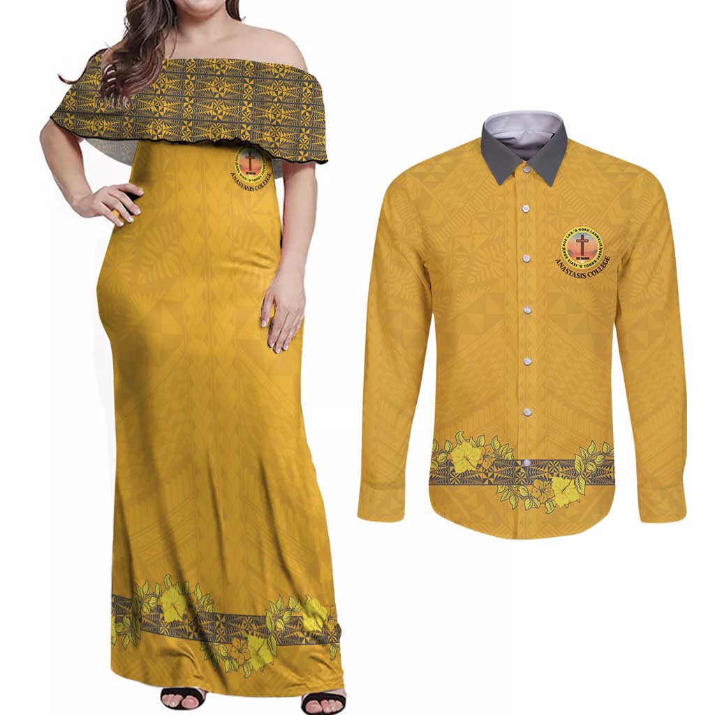 Tonga Anastasis College Couples Matching Off Shoulder Maxi Dress and Long Sleeve Button Shirt Tongan Ngatu Kupesi Pattern - Polynesian Pride