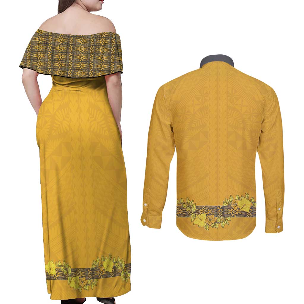 Tonga Anastasis College Couples Matching Off Shoulder Maxi Dress and Long Sleeve Button Shirt Tongan Ngatu Kupesi Pattern LT05 - Polynesian Pride