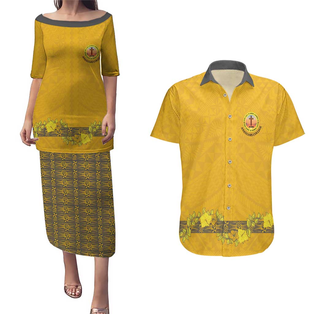 Tonga Anastasis College Couples Matching Puletasi and Hawaiian Shirt Tongan Ngatu Kupesi Pattern - Polynesian Pride