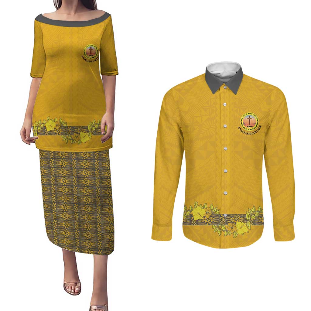 Tonga Anastasis College Couples Matching Puletasi and Long Sleeve Button Shirt Tongan Ngatu Kupesi Pattern - Polynesian Pride