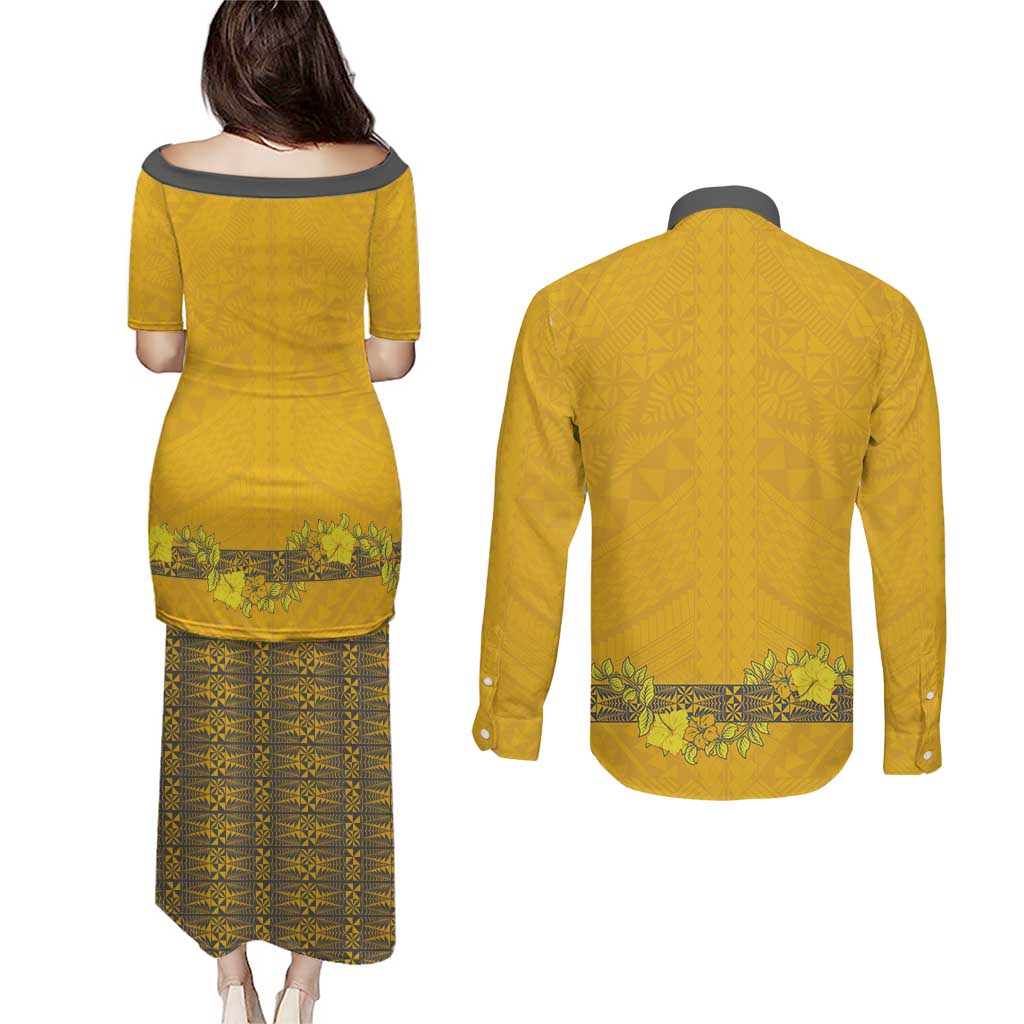 Tonga Anastasis College Couples Matching Puletasi and Long Sleeve Button Shirt Tongan Ngatu Kupesi Pattern - Polynesian Pride