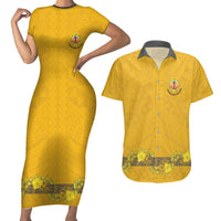 Tonga Anastasis College Couples Matching Short Sleeve Bodycon Dress and Hawaiian Shirt Tongan Ngatu Kupesi Pattern LT05 Yellow - Polynesian Pride