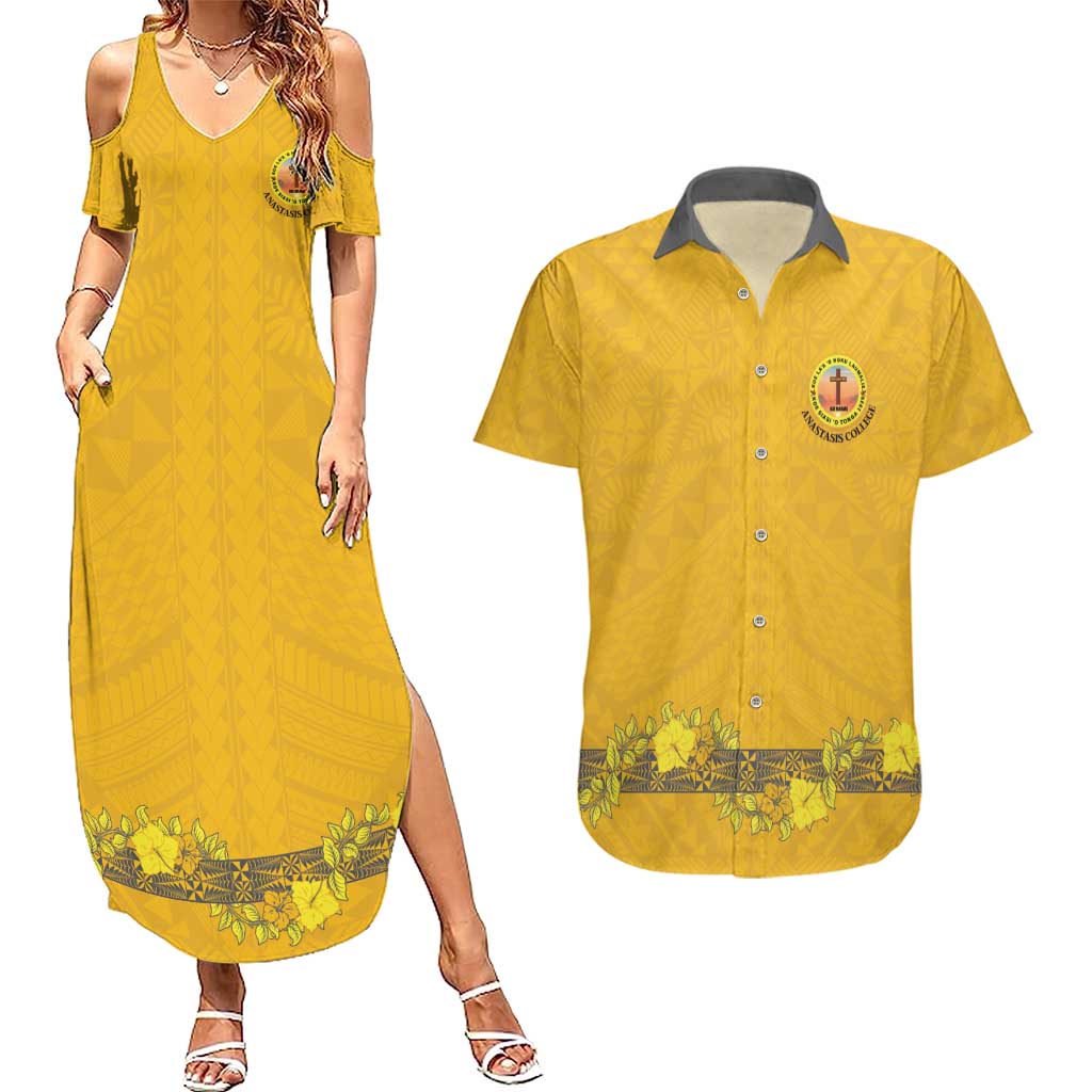 Tonga Anastasis College Couples Matching Summer Maxi Dress and Hawaiian Shirt Tongan Ngatu Kupesi Pattern - Polynesian Pride