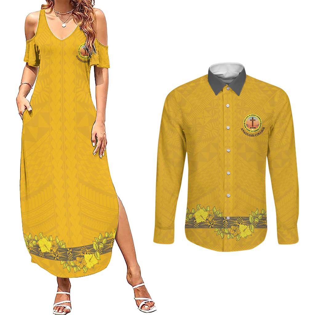 Tonga Anastasis College Couples Matching Summer Maxi Dress and Long Sleeve Button Shirt Tongan Ngatu Kupesi Pattern - Polynesian Pride