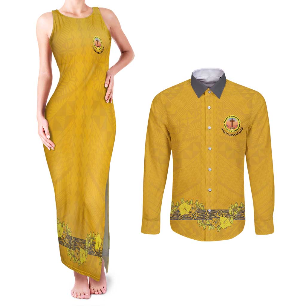 Tonga Anastasis College Couples Matching Tank Maxi Dress and Long Sleeve Button Shirt Tongan Ngatu Kupesi Pattern - Polynesian Pride