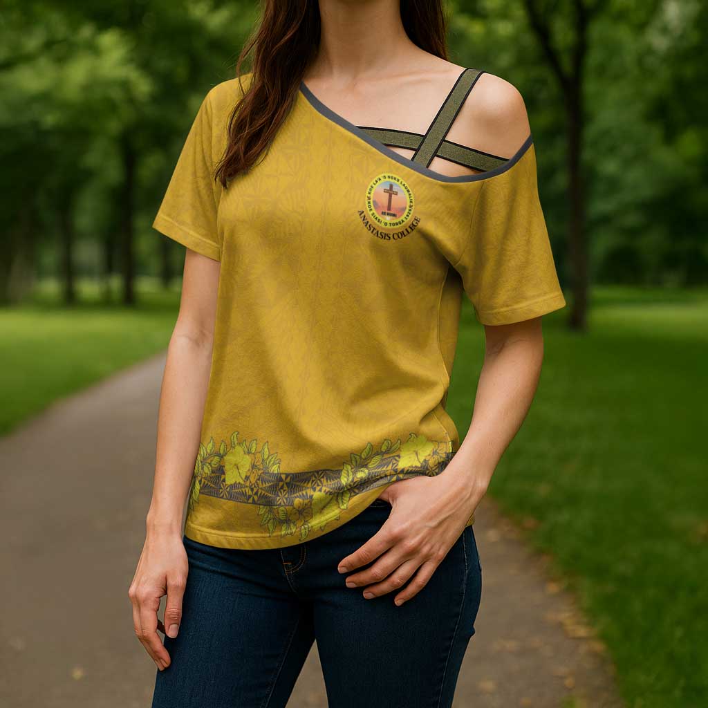 Tonga Anastasis College Cross Shoulder Shirt Tongan Ngatu Kupesi Pattern - Polynesian Pride