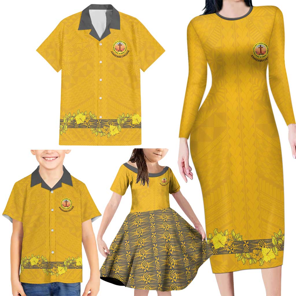 Tonga Anastasis College Family Matching Long Sleeve Bodycon Dress and Hawaiian Shirt Tongan Ngatu Kupesi Pattern - Polynesian Pride