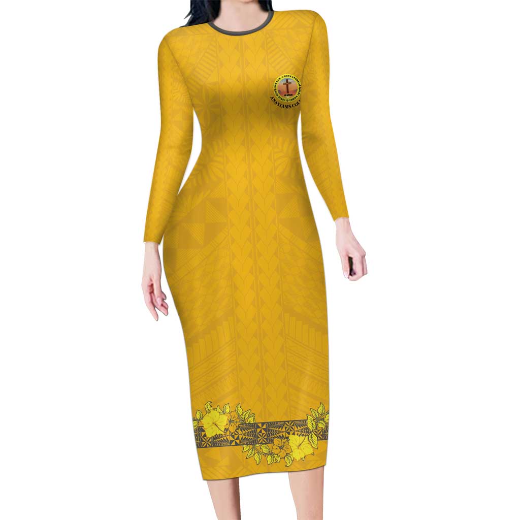 Tonga Anastasis College Family Matching Long Sleeve Bodycon Dress and Hawaiian Shirt Tongan Ngatu Kupesi Pattern - Polynesian Pride