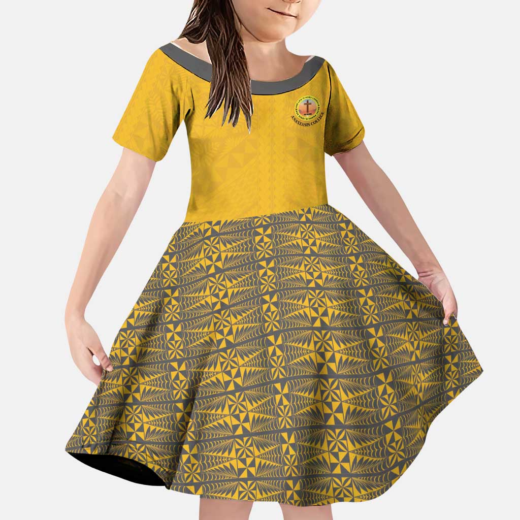 Tonga Anastasis College Family Matching Off Shoulder Short Dress and Hawaiian Shirt Tongan Ngatu Kupesi Pattern - Polynesian Pride