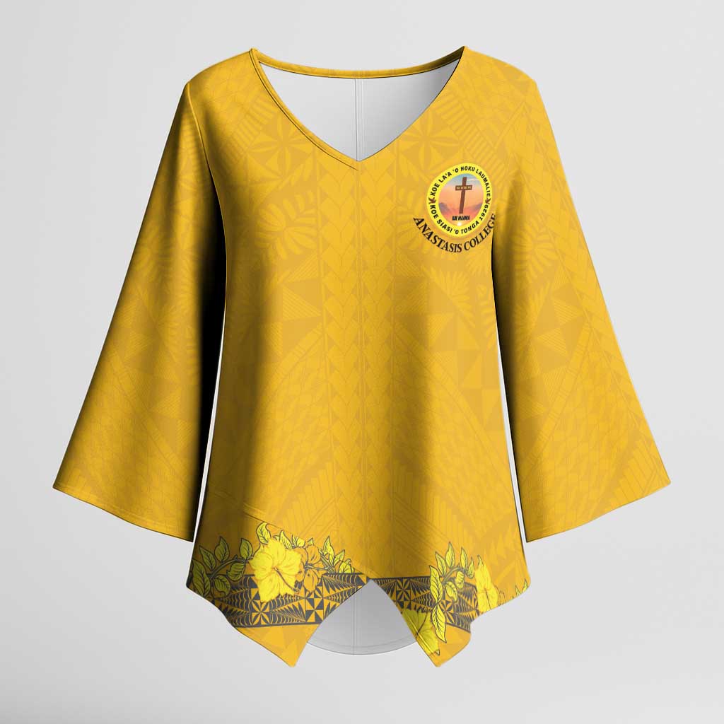 Tonga Anastasis College Kimono Sleeve Blouse Tongan Ngatu Kupesi Pattern LT05 Female Yellow - Polynesian Pride