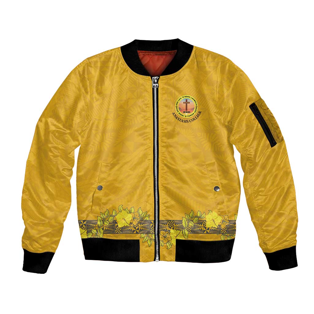 Tonga Anastasis College Sleeve Zip Bomber Jacket Tongan Ngatu Kupesi Pattern LT05 Unisex Yellow - Polynesian Pride