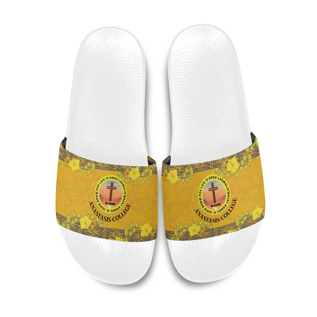 Tonga Anastasis College Slide Sandals Tongan Ngatu Kupesi Pattern LT05 Yellow - Polynesian Pride