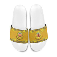 Tonga Anastasis College Slide Sandals Tongan Ngatu Kupesi Pattern LT05 Yellow - Polynesian Pride